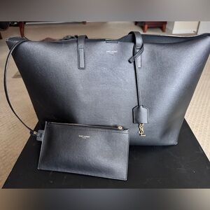Saint Laurent Black Leather Tote and Pouch Set